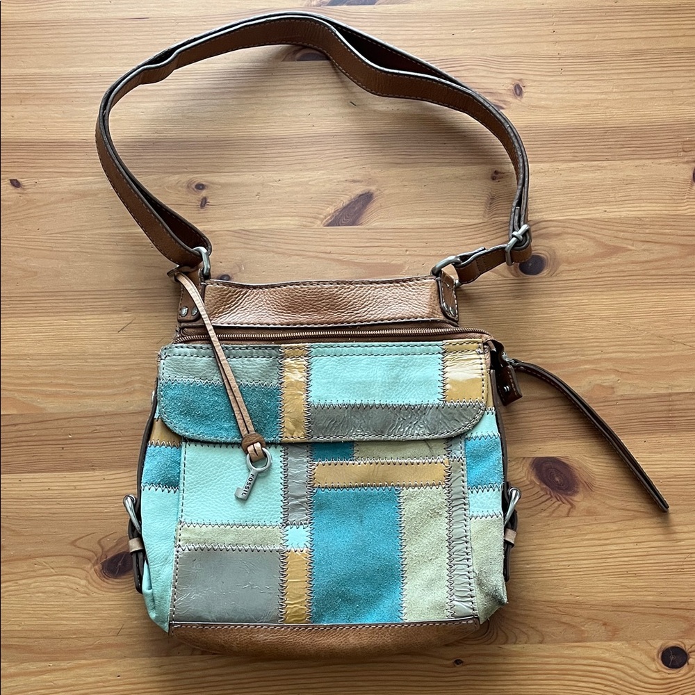 Fossil Patchwork Crossbody Bag in Tan and Blue